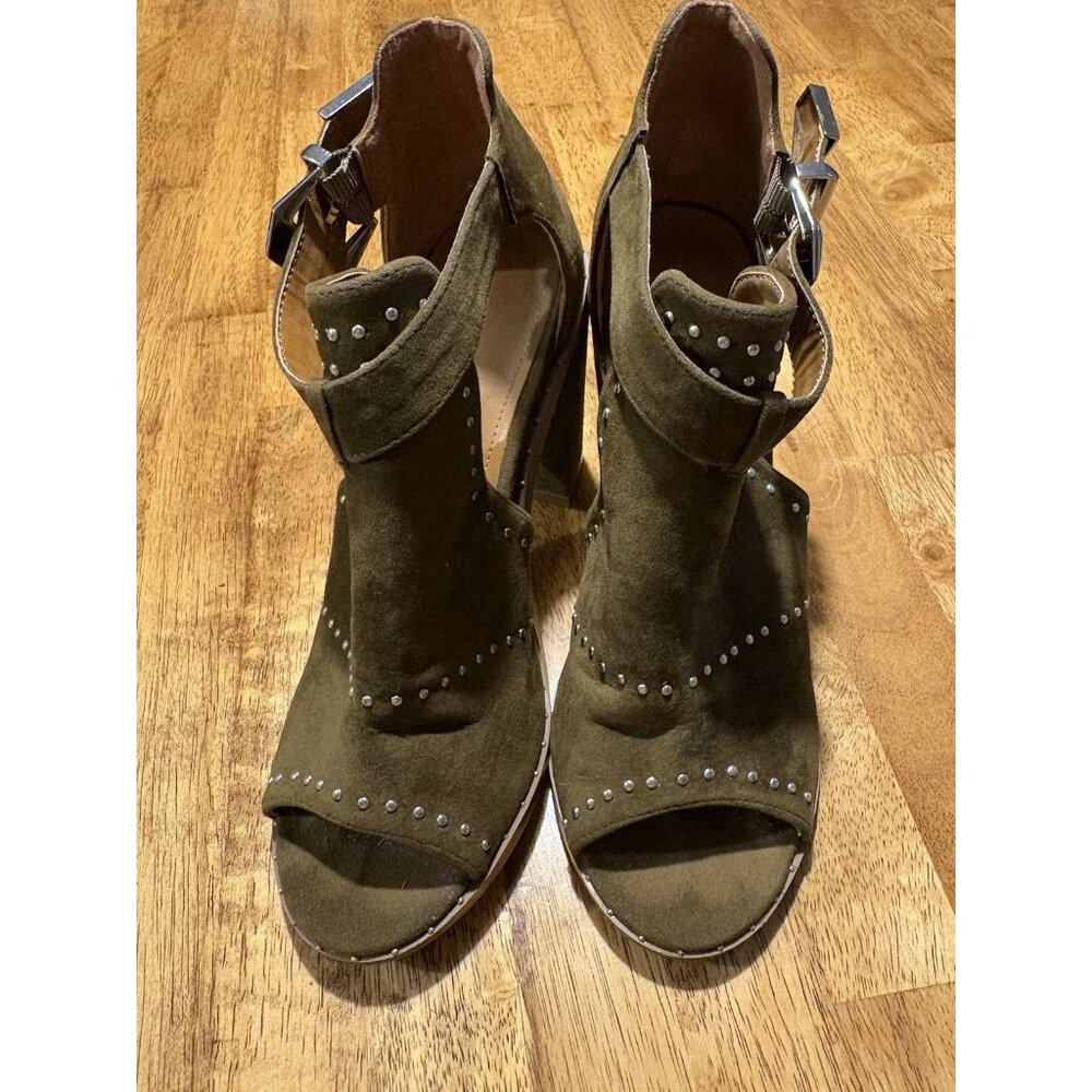 Olive Green Suede Peep-Toe Block Heel Ankle Booties Studded‎ Size 7 Glam Biker - Picture 2 of 8
